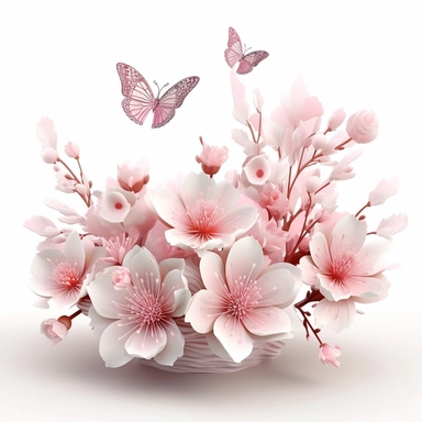 3D exceptionally beautiful pink flowers and butterflies in 3D, clipart white background