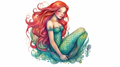 realistic burnished watercolored pencil cute mermaid clipart, detailed, on white background, spaced out