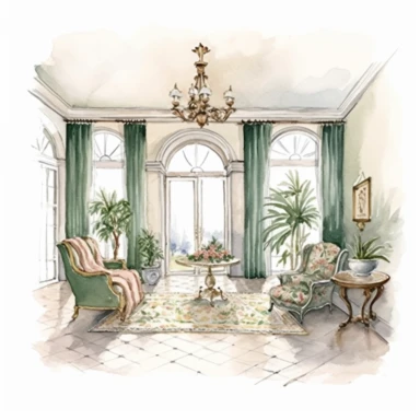 Watercolor drawing beautiful rich interior living room italian villa wedding venue in flowers, piscina e scalinate,watercolor clipart, white background, isolated on white, 8k, watercolor style