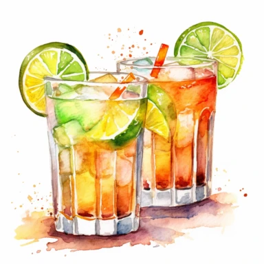 orange and lime margarita in highball glasses with salt and ice, individual images, watercolor clipart