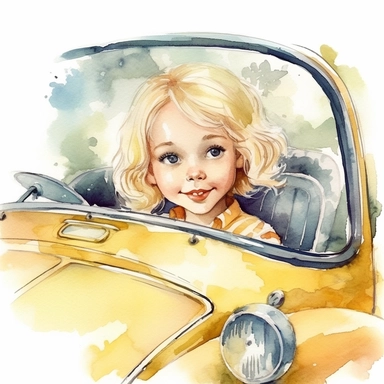 adorable cute vintage little girl in driving in cute yellow cabriolet, clipart style, watercolor technique, no background, super cute, high quality clipart