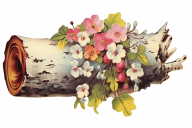 Vintage 1920 detailed Birch Tree Trunk With Flowers Illustration, Chromolithograph, Die Cut, 1920s Illustration, Vintage, Chromolithograph, Colorful, Antique, Ephemera, Clipart, 8k, Isolated on white