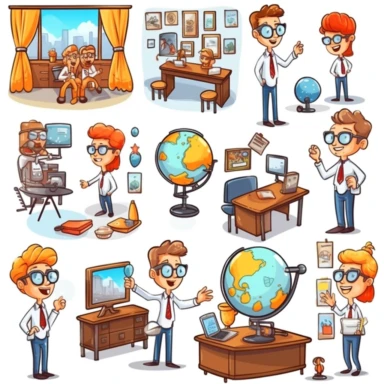 Virtual classroom, set of clipart, cartoon style, isolated white background