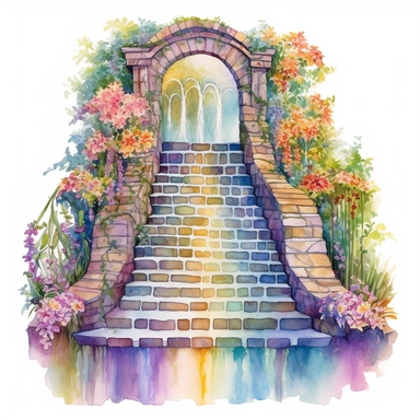 clipart, watercolor stair leading toward a waterfall, in the style of intricate, delicate flower and garden paintings, stone, rough clusters, small brushstrokes, arched doorways, colorful gardens, white background