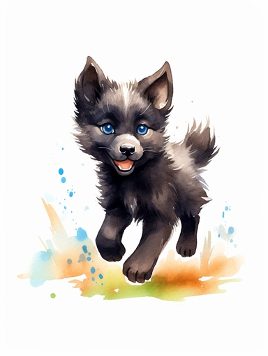 cute happy black wolf cub running, pastel watercolor, clipart, solid background