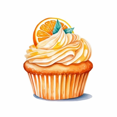 on white background cute and vibrant clipart featuring orange cupcake in watercolor style, hyper realistic photo flat color