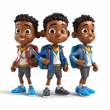 3D toy young 3 happy black boys wearing a backpack with a school uniform outfit in the style of boondocks in the style of marvel comics cartoon with white background can't believe how beautiful this is clipart, graphic vector, isolated on white background