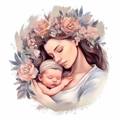 beautiful mommy cuddle her cute baby with pale flowers, dreamy styles, pale and flower background, cartoon character, watercolor styles, Sublimation Clipart,hyper realistic, intricate detail, illustration style,high solution,on the white background