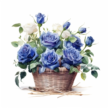 a simple gorgeous basket arrangement with blue rose flowers and greenery on white background clipart, png, watercolor painting realistic, high quality, vibrant, Vicente Romero Redondo, Willem van Aelst, Elsa Beskow