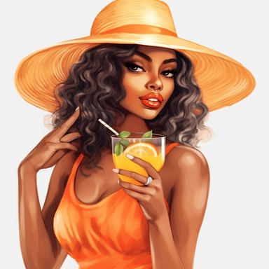 pretty black girl, Sun Straw Hat Wide Brim Summer Hat Foldable Roll up Floppy Beach Hats, pretty, holding a cocktail drink, orange outfit, 4k, hd, clipart
