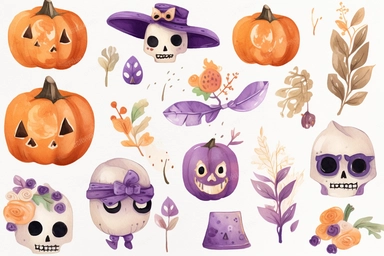 halloween clipart and stickers with skulls, pumpkins, leaves and hearts, in the style of aquarellist, playful use of texture, animated gifs, cute and quirky, candycore, light brown and purple, commission for