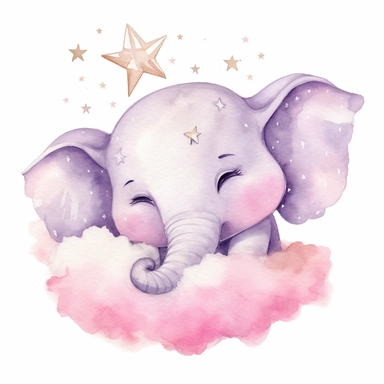 watercolor cute baby girl elephant sleeping on cloud with bowtie on head clipart, mauve pink, stars in background, on a white background