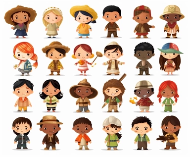 Clipart sheet on a white background, cute adorable children from around the world, children of different races and cultures, african, american, asian, jaspan, russain, pacific islander, spanish, mexican, south america, all wearing clothes from their nativ