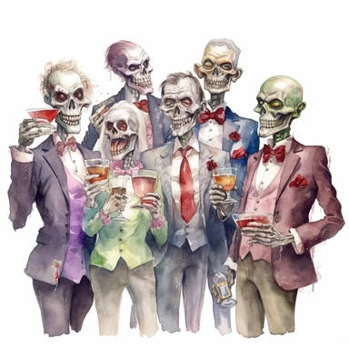 watercolor clip art of zombies dressed as business men and women at a halloween party drinking goolish cocktails, style jean baptiste monge