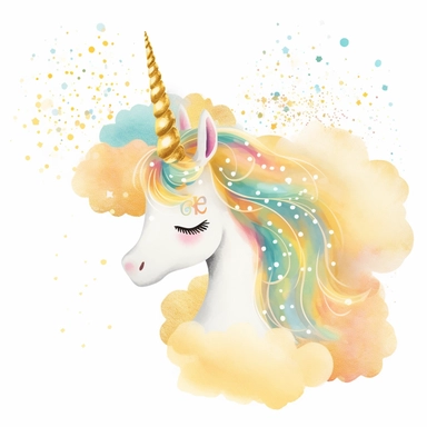 one gold glitter unicorn clipart with a rainbow an fluffy gold clouds,, white background