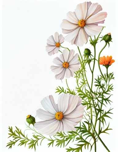 detailed vibrant watercolor white cosmos side corner border , isolated on white background, realistic, clipart