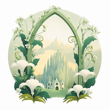 in the style of Ryo Takemasa, xuan loc xuan, Lisa Audit, Anastasia Suvorova, Jon Klassen, greg tocchini, separated isolated single of round gateway to a dreamy secret forest in of lily the valley, dreamcore, white background, fantasy, magical, cute, white background, cozy, vector, clipart, elaborate, ultra-detailed, best quality, well composed, vibrant colors, high definition, UHD