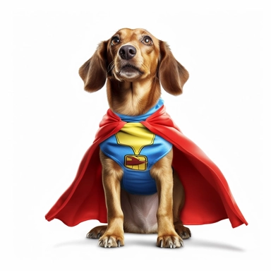 Goofy dog dressed up in superhero costume, striking hilarious pose clipart