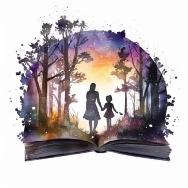 Watercolor clipart open book with silhouette of mother and daughter in it with internal open forest