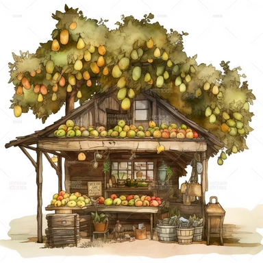 create a beautiful watercolor clipart illustration of and old fashion fruit stand style store next to a large beautiful pear tree, illustratre this image in a disney style highly detailed high quality illustration, with alot of vines, branches and full of ripe pears and unripe pears, no text, no font, white background, no watermarks