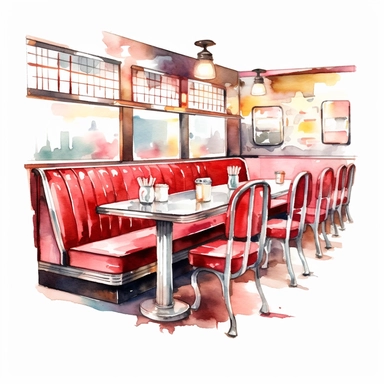 watercolor diner booth clipart, hd on white background, spaced out ar 3:2