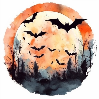 full moon and bats flying in the sky, halloween, clipart, watercolor style--q2--v5.1--s1000