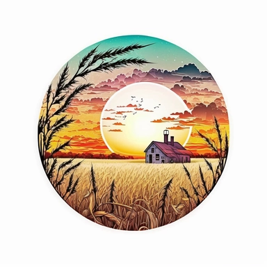A Fuzzy Round clipart, A field of wheat crops with a country sunset in the background and a farmhouse, only one clipart, white background, vibrant colors, cartoon,style ghibli, hand drawn, watercolor