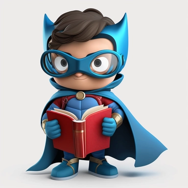 full body happy, smiley and cute little superhero boy with eye mask and cape, looking directly at the camera, with a book in his hand, in clipart style