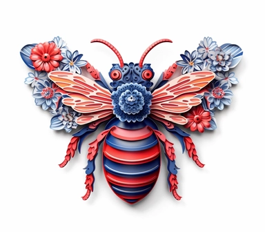 Beautiful Patriot 3D Paper Cut Flower bee For 4th Of July Sublimation Clipart,Cartoon, hyper realistic, intricate detail, illustration style,high solution,on the white background , 32k resolution, ultra high definition