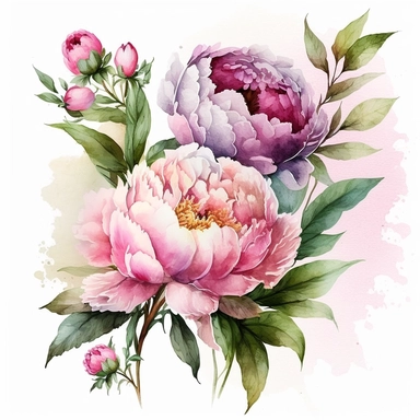 watercolor pink peonies, clipart, white background, in the style of vividly bold designs, bold colors, lovely, lush detailing, bright luster, no text