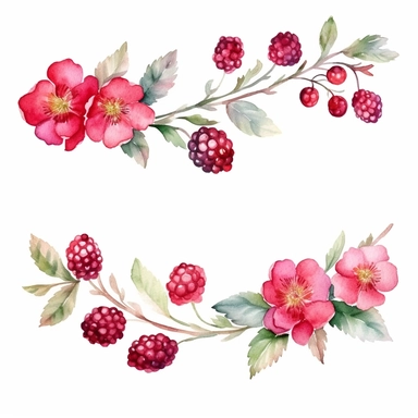 watercolor A clip art 4 set of images featuring raspberry jam flowers garland isolated white background, minimalist, 8K