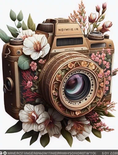 a watercolor old camera 1 photo lens only, colector's item, surrounded by an intricate arrangement of dramatic extravagant ultra realistic digital 3D giant brown and white lucky flowers, in the style of large-scale photography, lush detailing, watercolor style, pastel colors, photorealistic, playfully intricate, made of flowers, bloomcore, 8K, clipart, clear background