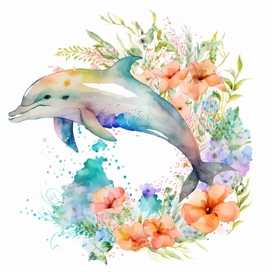 Cure dolphin water color clipart with flowers