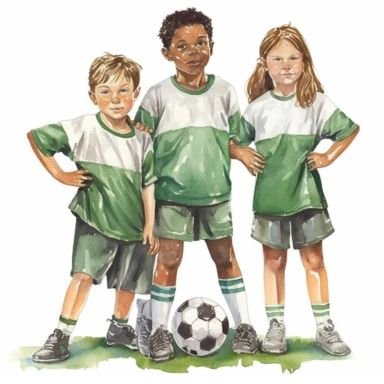 soccer kids with modern soccer and green jersey with white shorts, style of detailed watercolor clipart,