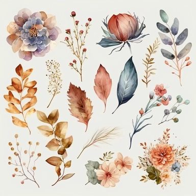 watercolor floral elements, in the style of delicate materials, floral explosions, clipart, white background, no background