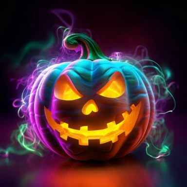 clipart, A grinning neon-colored Jack-o'-lantern with glowing eyes and a mischievous expression. The pumpkin should be surrounded by swirling neon-colored fog or smoke to add an eerie atmosphere. Camera setup: Close-up shot with a shallow depth of field to focus on the details of the Jack-o'-lantern's face. Use colored gels or lighting effects to create the neon glow