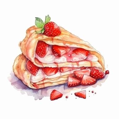 a watercolor Crepe with Strawberries dessert clipart, hd, on white background, spaced out