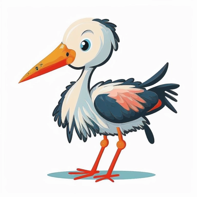 A clipart for kids with a cute baby stork animal motif in frontal view on white background. The animal motif is depicted in bold colors