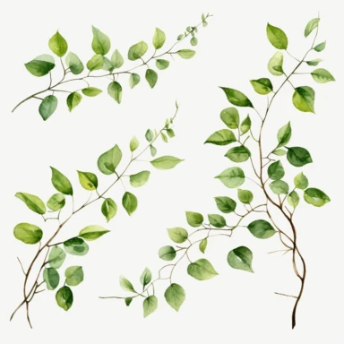 green leaves and twigs, vines clip art,clear background, white background, watercolor ,--no splas