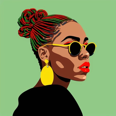 a beautiful black woman with braids updo and green, yellow and red hair beads, sunglasses on, juneteeth art, minimalist art, flat vector clipart