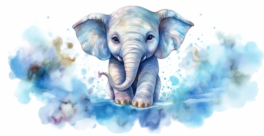 Adorable baby elephant on the blue cloud, vivid colours, ornamental watercolor clipart, white background, I can’t believe how beautiful this is
