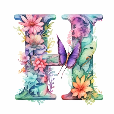 Pastel Color Beautiful Fairy Butterfly Flower Alphabet Letter  H  Watercolor Clipart, Cartoon, hyper realistic, intricate detail, illustration style, high solution, on the white background