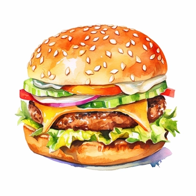 cartoon watercolored hamburger clipart, no text, white background