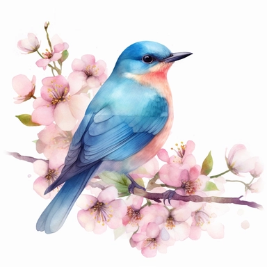 A watercolor illustration of a blue bird on a branch of pink flowers clipart, in the style of instant film, frieke janssens, adrianus eversen, pictorial fabrics, cute and dreamy, cherry blossoms, uhd image on white background