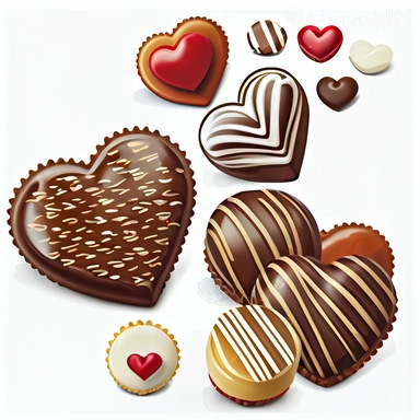 Valentine chocolate candy clipart, vector, on white background, heart shape cookies, hyper realistic, super detailed, photorealistic