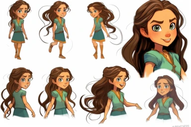Blend of comic book art and lineart in full natural colors. Character sheet, different angles, white background of a bright and energetic 10-year-old Irish Italian Indian girl. She has long, flowing brown hair with a few braids or colorful hair clips that add a playful touch. Her eyes are wide and curious, reflecting her youthful innocence and curiosity. She dresses in comfortable and age-appropriate clothing, such as jeans or leggings paired with colorful tops or t-shirts. She often wears sneak