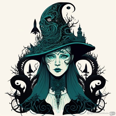 clipart. a beautiful ocean-witch. looking hypnotising straight into the camera. she wears a big high wide witch-hat with a sharp high end on top. her neck is free. in the hat we see a transparent ocean elements.she is surrounded by water and water-snake. white background. in a gothic intricate fantasy mystery style. no caption. Cyan purple watercolour