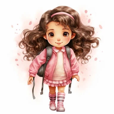 Back to school Watercolor Clipart, A cute happy school girl with backpack, full body, pink themed , single object, highly detailed, hand drawn watercolor illustration ,png transparent background, white background for removing background - - no text shadow font watermark