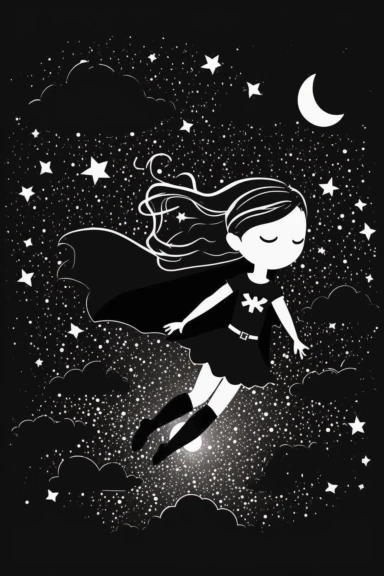*minimalistic pixar style clipart, minimalistic nordic style clipart, flying superhero kid girl with mask, night, moon, stars, minimalistic black and white color palette,
