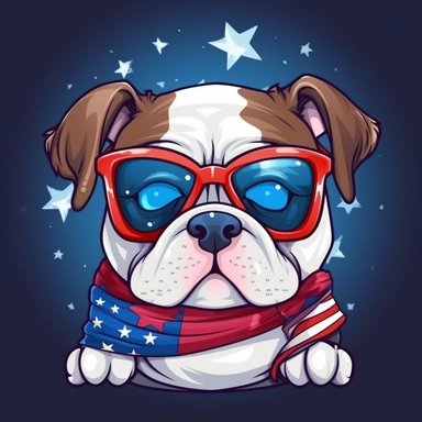 Super cute, American flag with bulldog scarf and sunglasses Sublimation Clipart, Cartoon funny, Cute anime, Very detailed, firework blue background